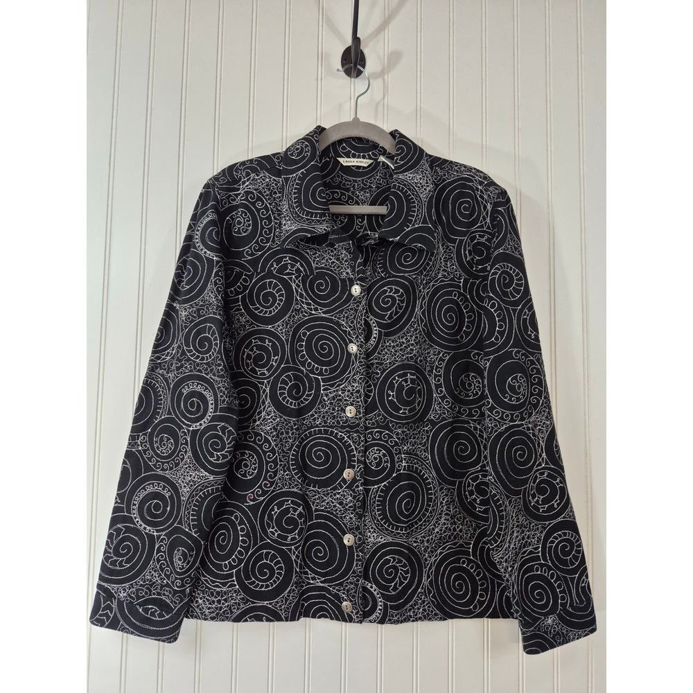 Laura Ashley Black White Swirl Embroidered Cotton Button Down Jacket Large